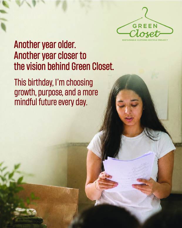 Anika speaking at a Green Closet session, with the birthday message that started the project