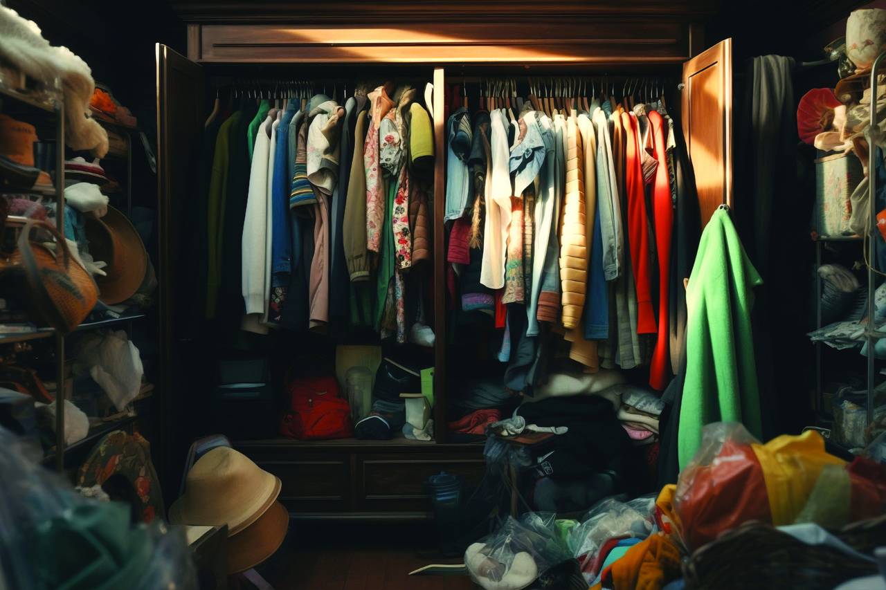 A wardrobe packed with clothes, bags and hats waiting to be sorted